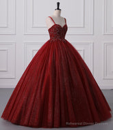 Burgundy Bling Tulle Ball gowns Long Prom Dress with Embroidered Sequins